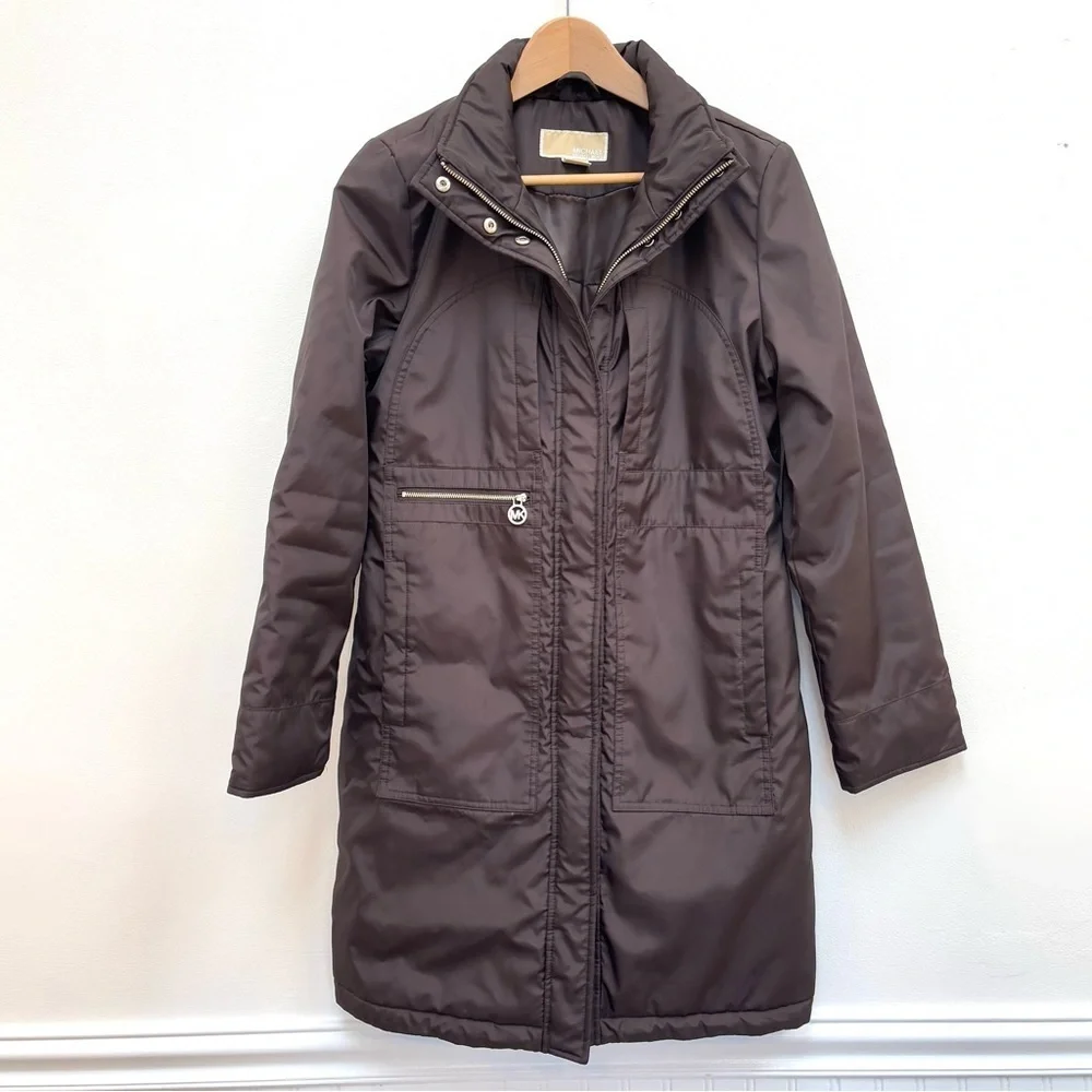 Michael Kors Zip Front Mid Length Parka Coat Removeable Hood Chocolate Brown S